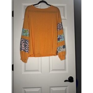 Hailey And Co Long Sleeve Patchwork Sleeve Blouse Top Large Orange W Multi